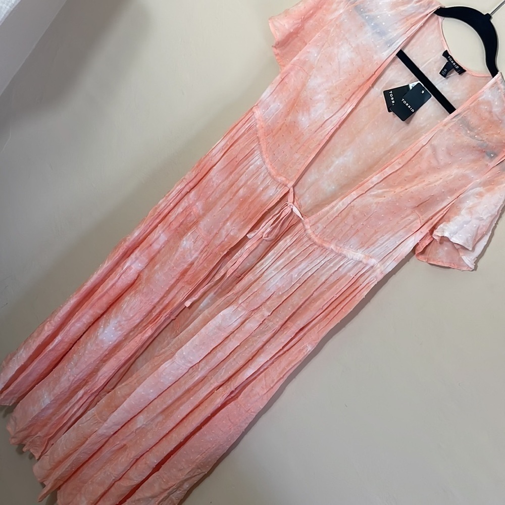 Torrid size 00 M/L PEACH TIE-DYE CLIP-DOT KIMONO - Picture 10 of 12